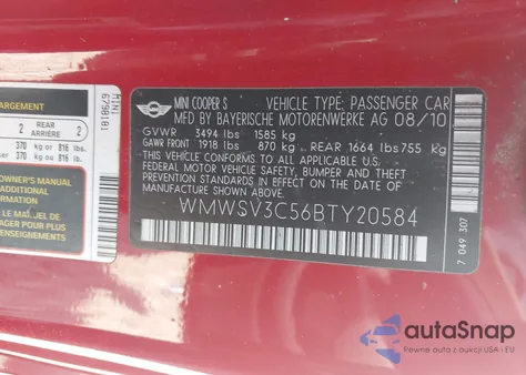 2011 Mini Cooper S из США, поврежденный, VIN WMWSV3C56BTY20584